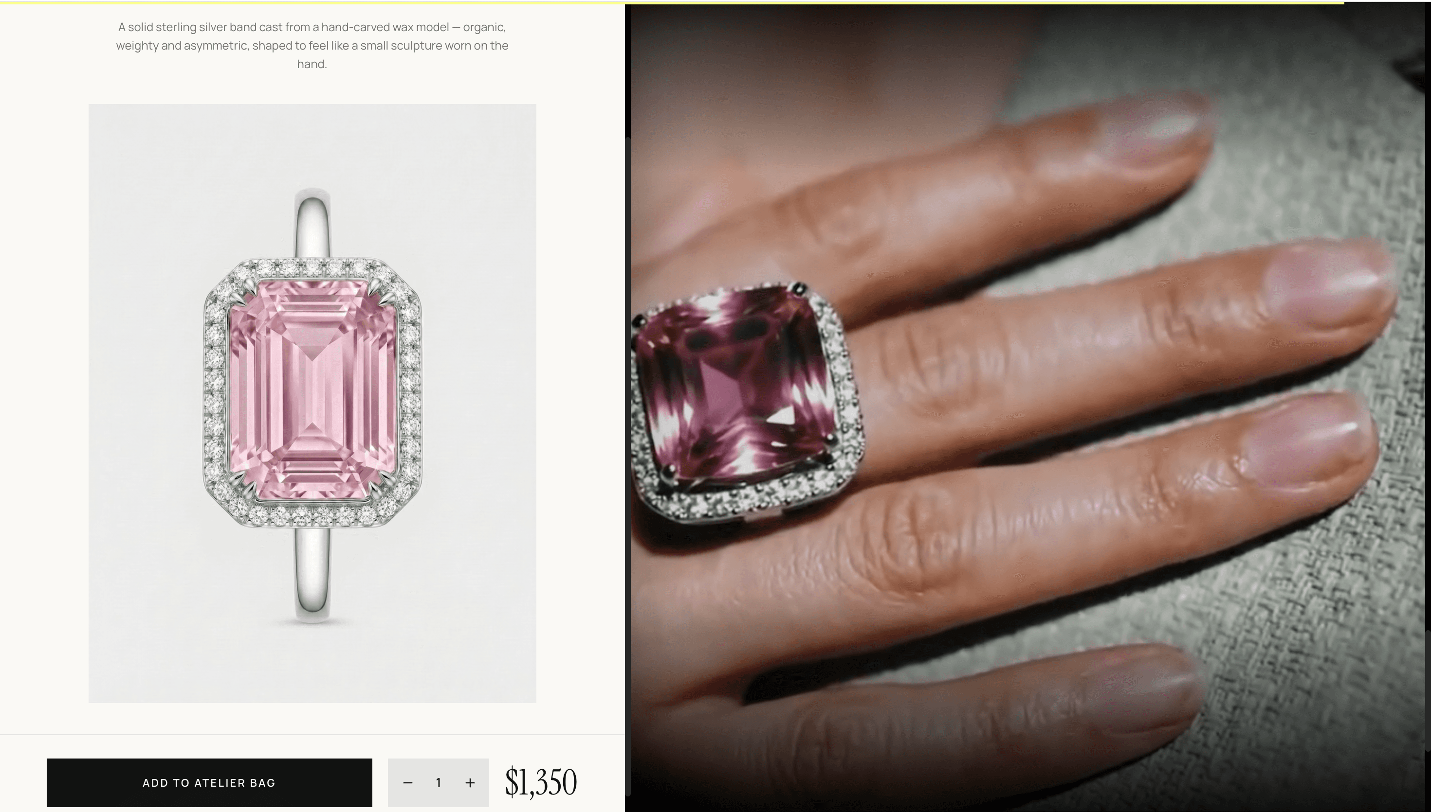 Product page pairing an emerald-cut pink ring on a light backdrop with a close-up of the ring worn on the hand.